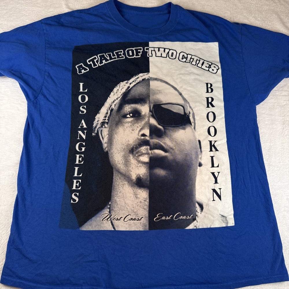 Vintage Tupac Biggie Tale Of Two Cities East West Coast Battle Rap Tee Blue XL